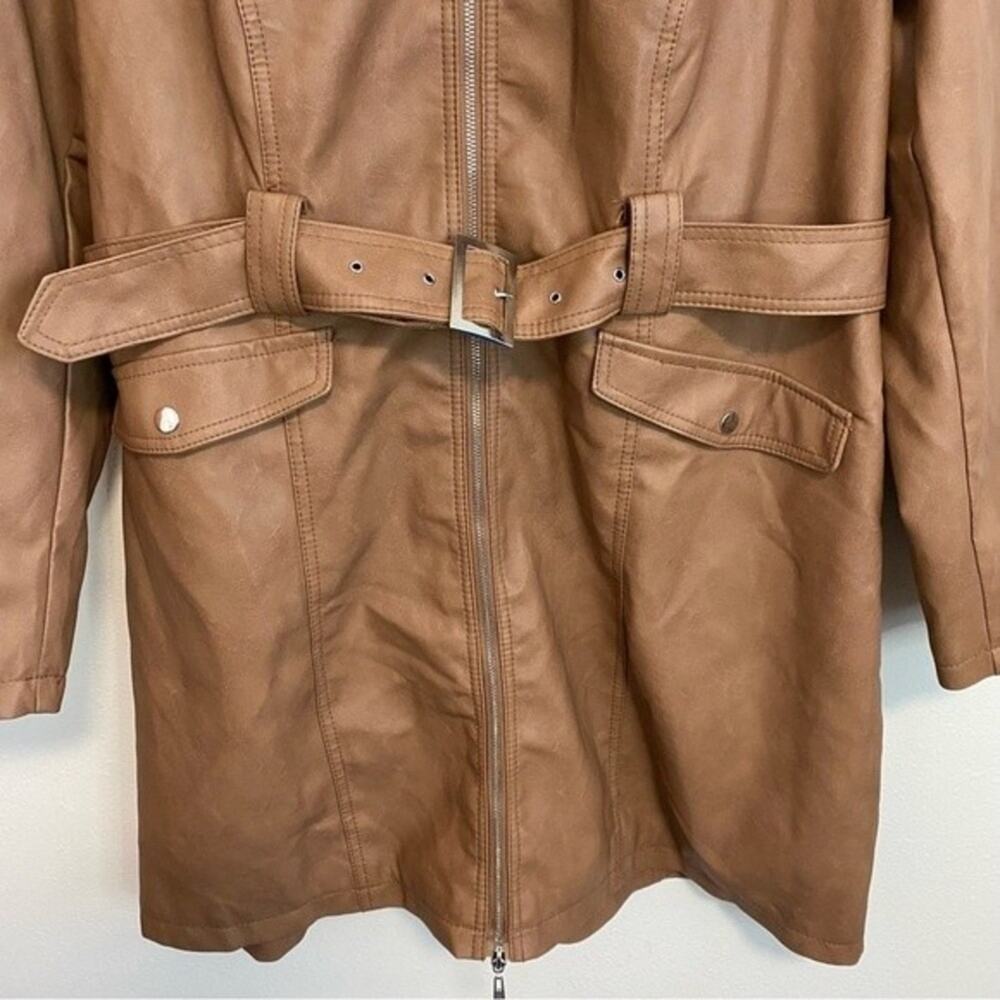 Cavalini Tan Leather Trench Coat with Faux Fur Collar - Picture 3 of 6